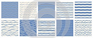 Sea waves, wavy, wriggling endless sailor stripes, marine, navy, water patterns set