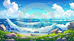 Sea waves with white foam, blue sky, green fields, and rocks around water surface, summer day tranquil seascape