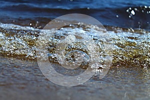 Sea wet pebbles. Small stones lie on the sand. Small waves, close-up