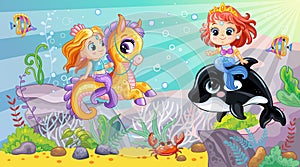 Sea wildlife background with cute mermaids and orca vector