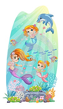 Sea wildlife background with cute mermaids and orca vector