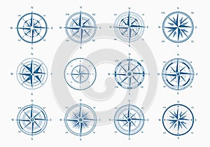 Sea wind rose set. Blue ink cartography with orientation parts of world nautical vintage star for topography mariners