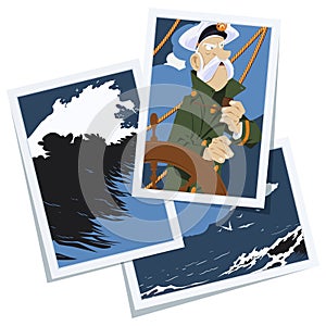 Sea wolf with pipe. Old captain of ship at wheel. Illustration for internet and mobile website