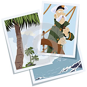 Sea wolf with pipe. Old captain of ship at wheel. Illustration for internet and mobile website