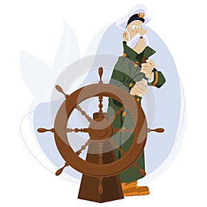 Sea wolf with pipe. Old captain of ship at wheel. Illustration for internet and mobile website