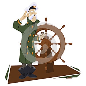 Sea wolf with pipe. Old captain of ship at wheel. Illustration for internet and mobile website