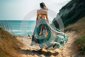 gypsy woman dress summer sea person beach beautiful fashion hippie lifestyle. Generative AI.