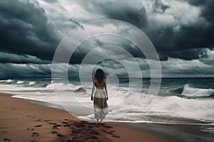 sea woman nature cloud beach ocean summer storm dress sky sunset. Generative AI.