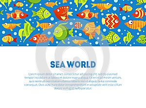 Sea World Banner Template with Cute Colorful Marine Fishes and Space for Text Vector Illustration