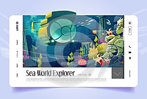 Sea world explorer cartoon landing page, banner