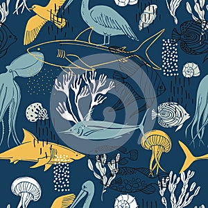 Sea world. Fish, algae, jellyfish and seabirds. Vector seamless pattern