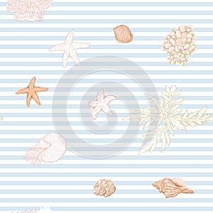 Sea world seamless pattern, background with fish