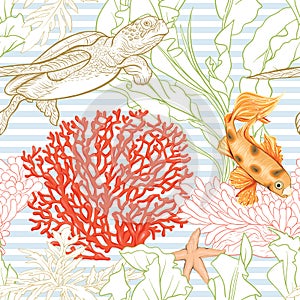 Sea world seamless pattern, background with fish