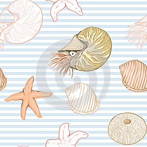 Sea world seamless pattern, background with fish