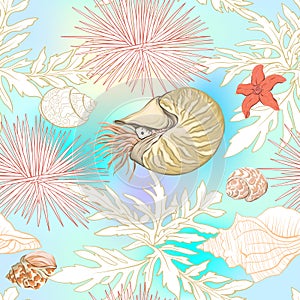 Sea world seamless pattern, background with fish