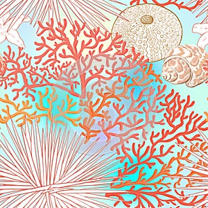 Sea world seamless pattern, background with fish