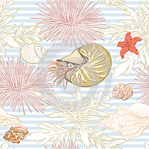 Sea world seamless pattern, background with fish