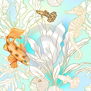 Sea world seamless pattern, background with fish