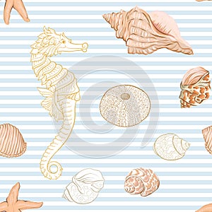 Sea world seamless pattern, background with fish