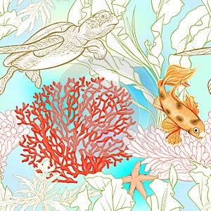 Sea world seamless pattern, background with fish