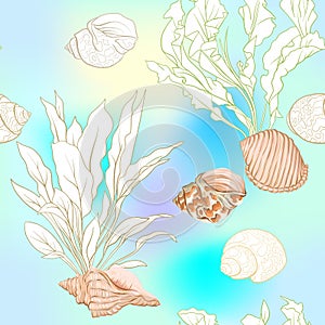 Sea world seamless pattern, background with fish