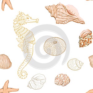 Sea world seamless pattern, background. Stock vector illustration.