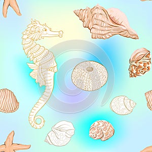 Sea world seamless pattern, background. Stock vector illustration.