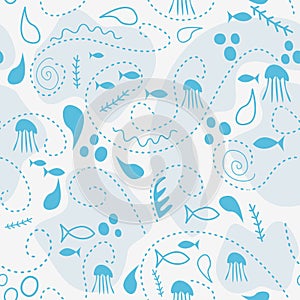 Sea world seamless pattern, under water world wallpaper with fish,octopus and vegetation