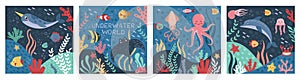 Sea world. Underwater ocean animals, marine nature, fish, under water shell, aquarium inhabitant. Square cards, marine