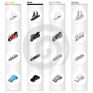 Sea yacht, railway transport electric locomotive, racing motorcycle, city car. Transport set collection icons in cartoon