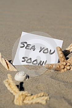 SEA YOU SOON text on paper greeting card on background of starfish seashell summer vacation decor. Sandy beach sun coast