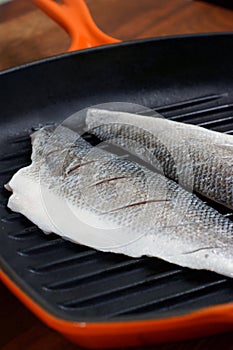 Seabass in a griddle pan