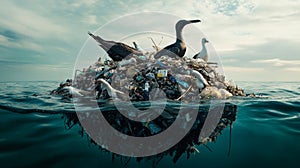 Seabirds Perched on a Floating Island of Plastic Waste in the Ocean
