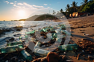 Seaboard marred by discarded plastic and debris, epitomizing dire beach pollution consequences