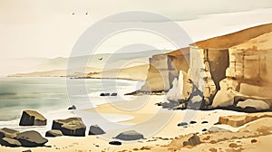 Seacape with sand dunes, rocks, sea and birds. Digital painting in muted tones, printable artwork. Generative AI