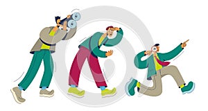 Seach concept. Men using magnifying glass, binoculars seach for something