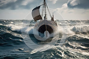 seach of viking ship in an open sea, waves splashing against the hull