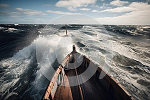 seach of viking ship in an open sea, waves splashing against the hull