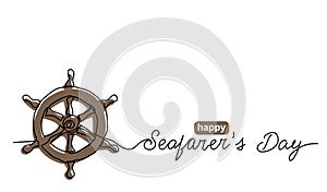 Seafarers day simple vector banner, poster, background with steering wheel. One continuous line drawing of sea sign and