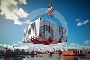 Seafaring commerce Crane lifts cargo container onto a nautical vessel