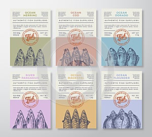 Seafood Abstract Vector Packaging Design or Labels Set. Modern Typography Banners, Hand Drawn Herring, Cod, Dorado Fish photo