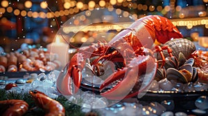 Seafood arrangement with lobster and shells in festive setting.