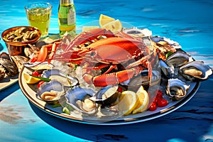 Seafood assortment with prepared crab, fresh oysters and lemon slices on dish. Trendy concept environmental menu on