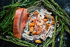 Seafood assortment salmon healthy eating