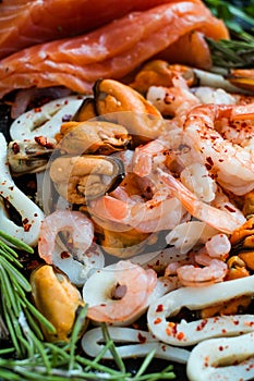 Seafood assortment salmon healthy eating