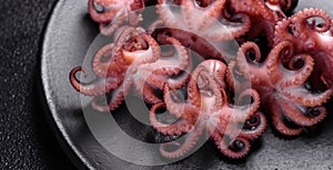 Seafood Baby octopus salad in a black plate