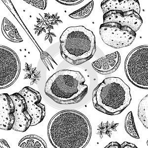 Seafood background for restaurant or finger food menu design. Hand-drawn sketches of canned caviar, black caviar canape, bread,