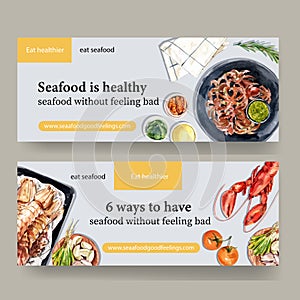 Seafood banner design with lobster, crayfish, octopus illustration watercolor