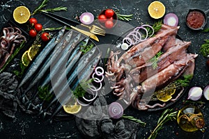 Seafood banner. Raw Saury fish and squid.