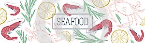 Seafood banner vector template. Hand drawn illustration.